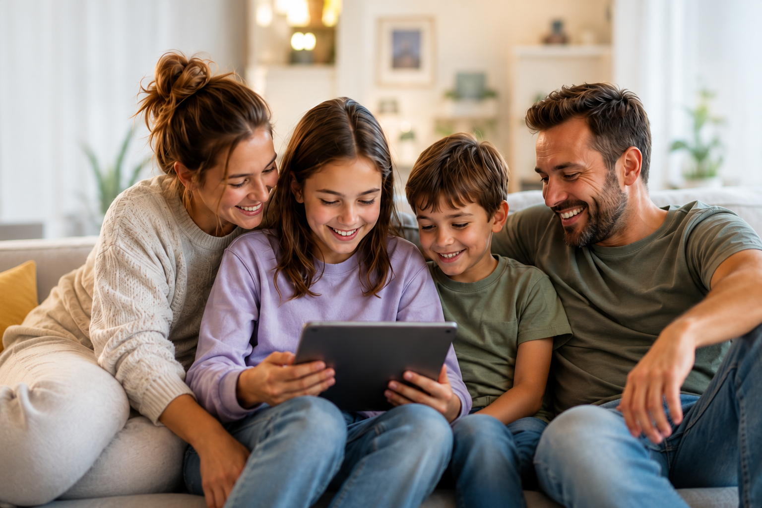 Familie som koser seg sammen med en nettbrett i sofaen