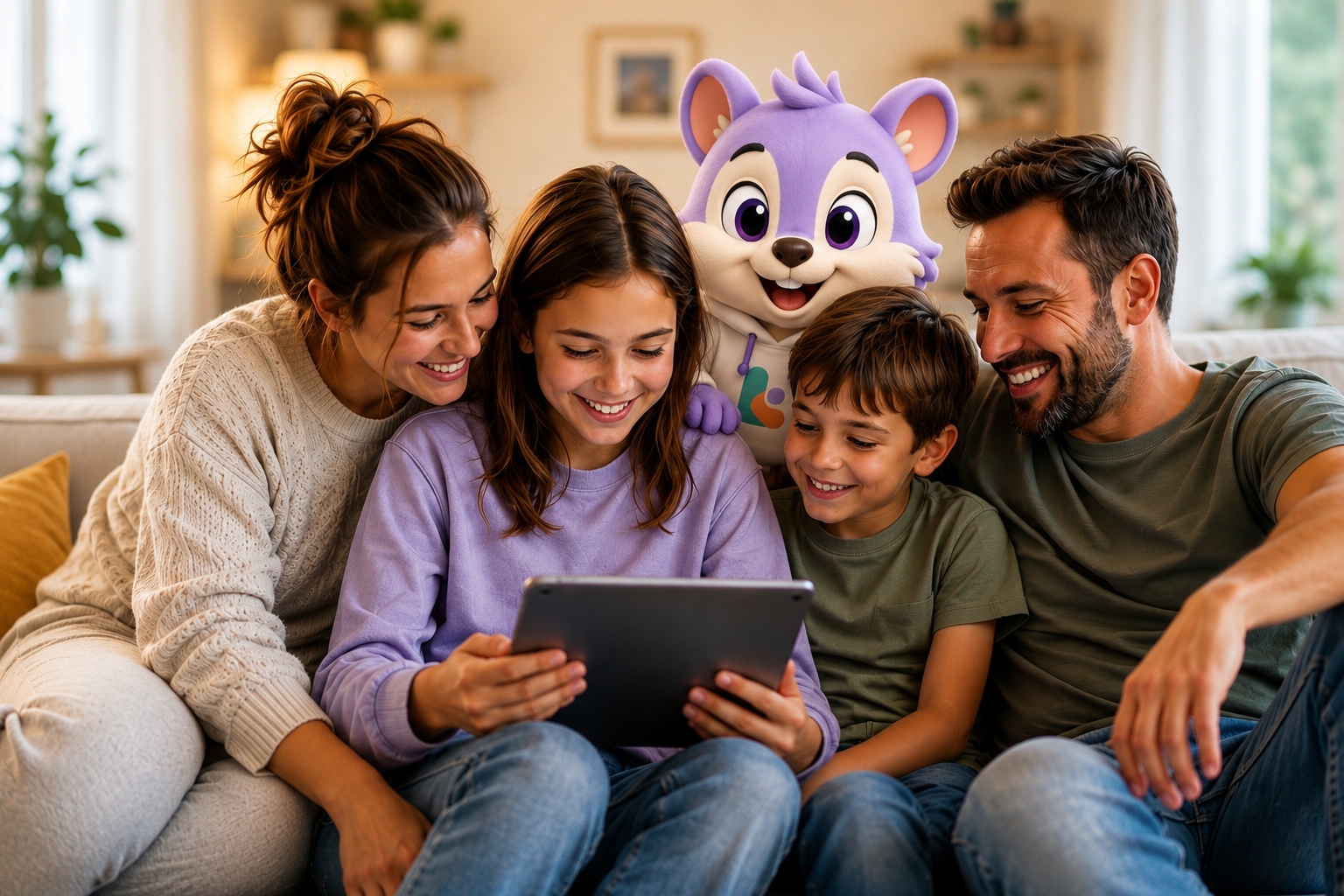 Familie som koser seg sammen med et nettbrett i sofaen